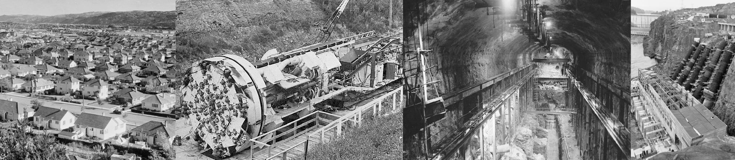 Historic photographs from Opus Works showing housing, tunnelling equipment, underground construction and a dam